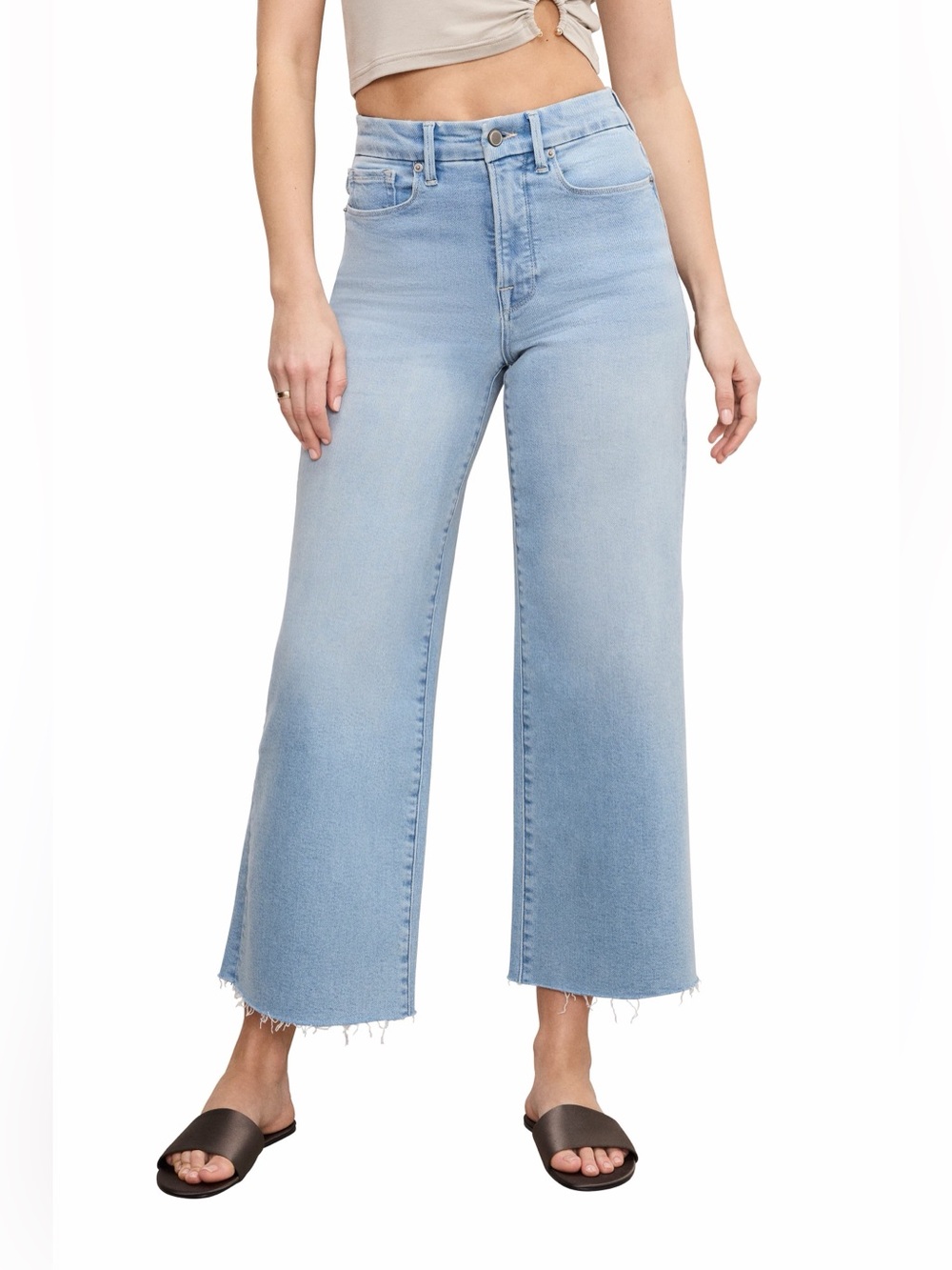Good American Good Waist Palazzo Crop Jeans Light Wash Raw Hem Size 16